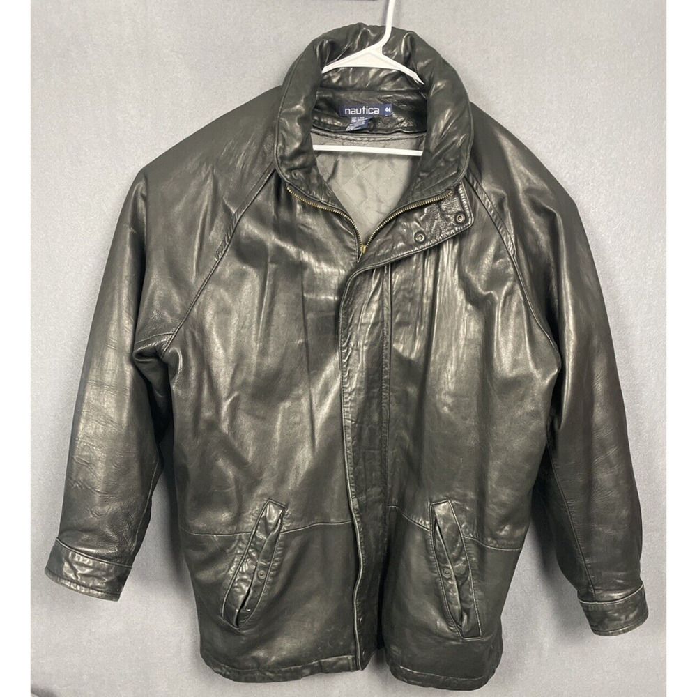 Vintage Nautica Leather Jacket Men 44 Large Full Zip Black Zip Hood Thermolite